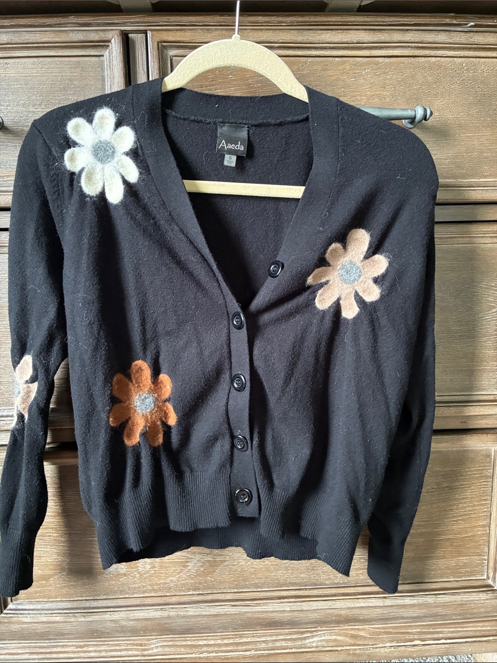 Aaeda Black Cardigan with Cream, Tan and Rust Floral Appliqués